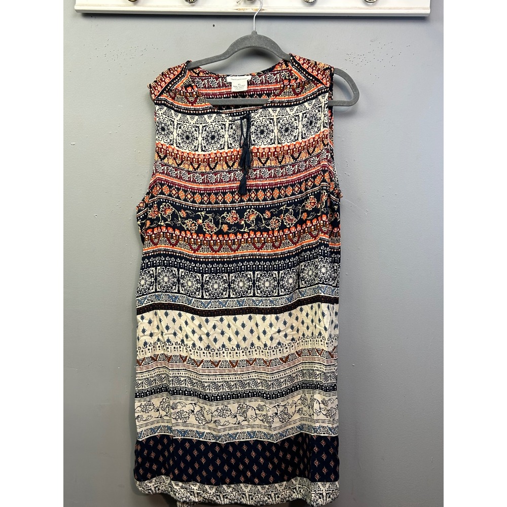 Beachlunchlounge Dress Womens XL‎ Multi Batik Shift Tassel Boho Festival Relaxed